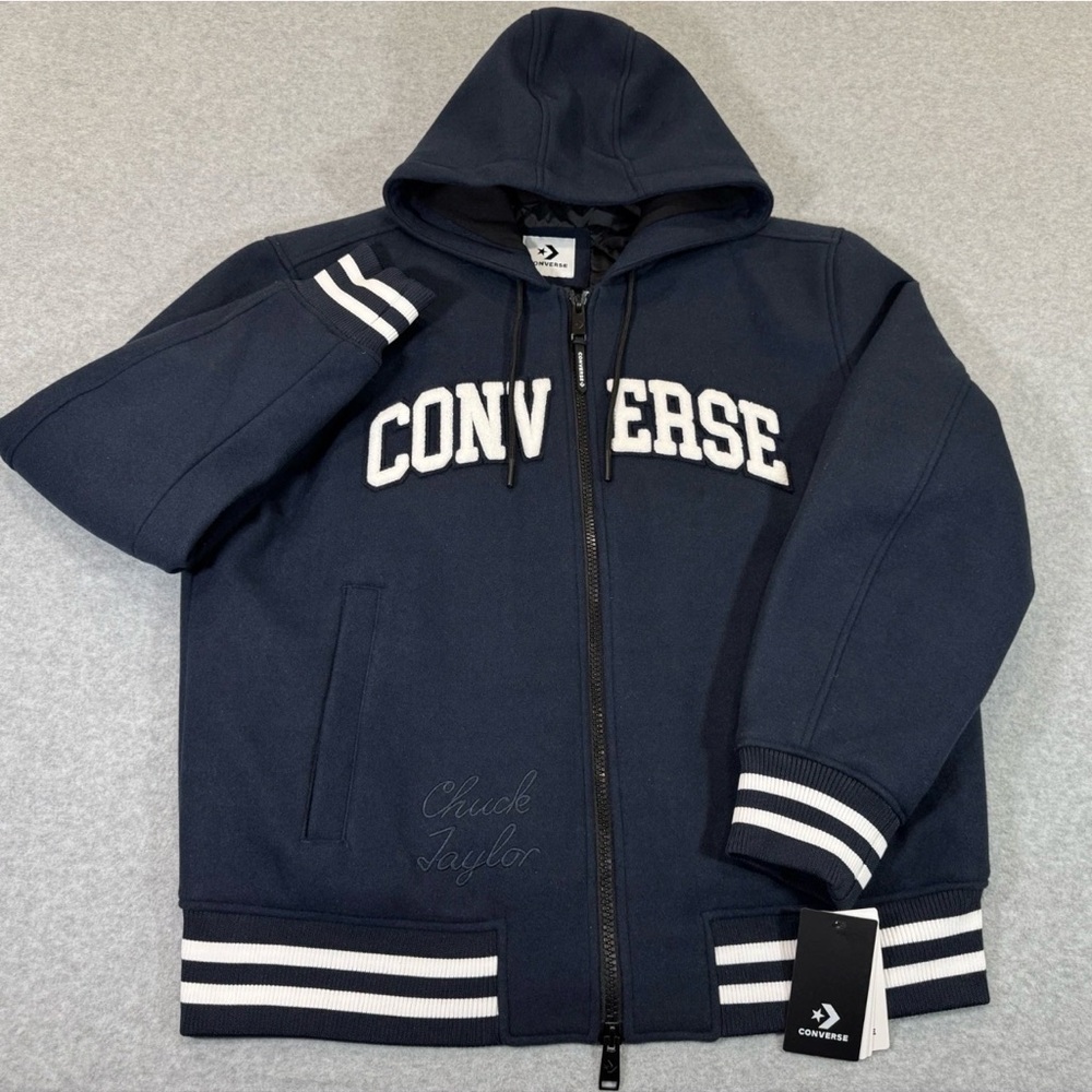 CONVERSE Chuck Taylor Men’s Navy Varsity Hooded Bomber Jacket SZ M NEW!!